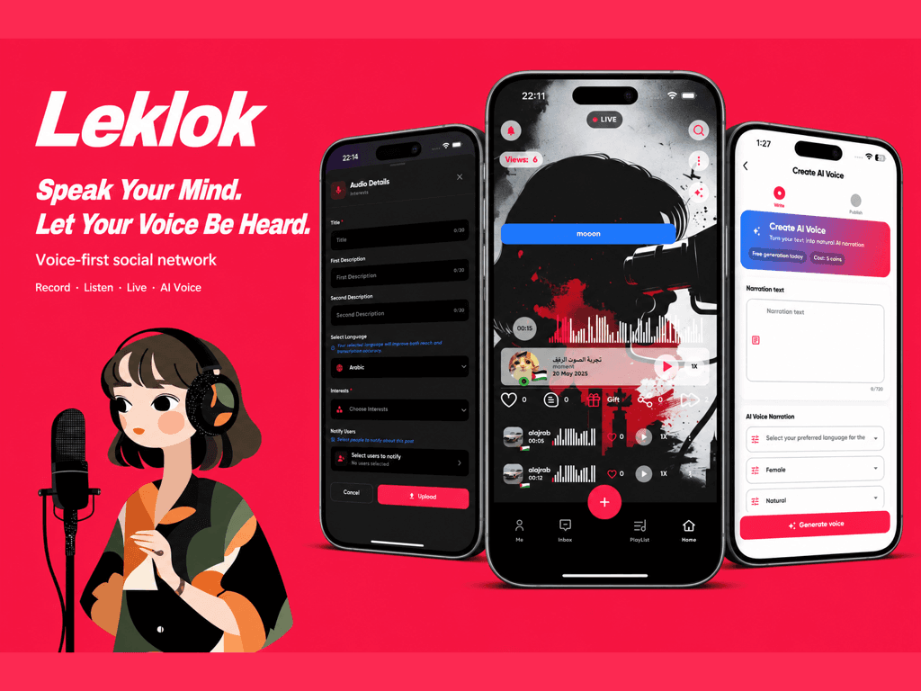 Leklok — Voice-first social app with live rooms & AI audio
